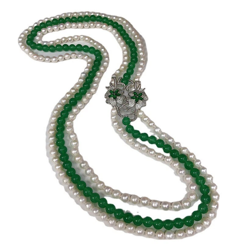 Collar Natural 7-8mm 3 Filas Blanco Agua Dulce Perla Verde Jade Circonita Colgante 30" Foto 3 de 4