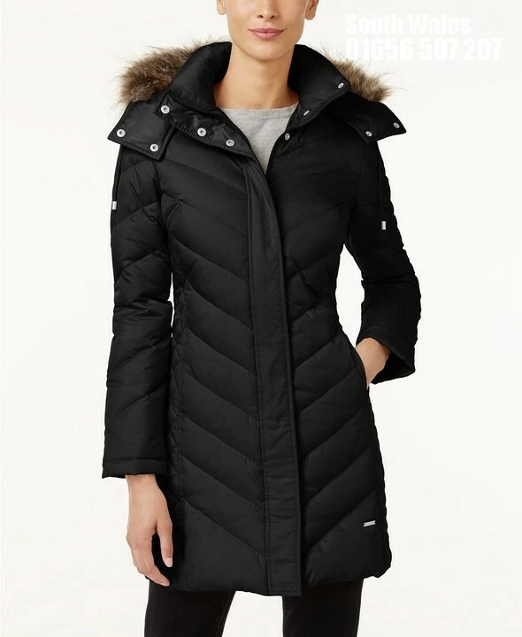 Kenneth Cole Hooded Faux-Fur-Trim Down Chevron Puffer Jacket, Black Size S  | eBay