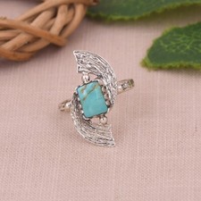 Rectangle Gemstone Kingman Turquoise 925 Silver Textured Designer Chunky Ring