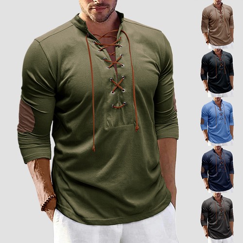 Mens Long Sleeve Lace Up Pullover T Shirt Casual Slim Fit V Neck Tops Blouse Tee - Picture 4 of 29