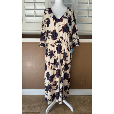 Draper James RSVP Women's 3X Elbow Sleeve Midi Dress Cream Blue Floral Jacquard