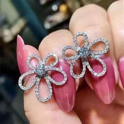 2 Ct Round Cut Moissanite Flower Engagement Earrings 14K White Gold Plated
