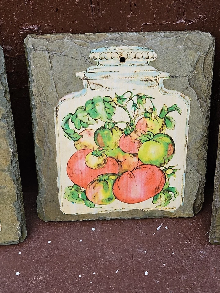 Wall Plaques Decor Hanging 6"x5" Vintage Vegetable Decoupage On Slate SET OF 3 - Image 3 of 4