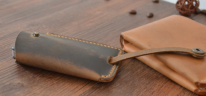 2PCS men women car key chain case holder Ring pocket Leather pouch bag brown 852 - Image 3 of 4