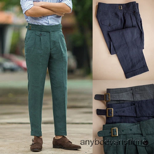 Mens Retro GURKHA Pants Casual Linen Pants Business Trousers Straight High Waist