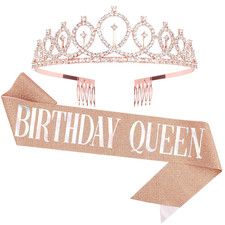 Birthday Queen Sash And Tiara Set Rhinestone Crown Rose Gold Party Women