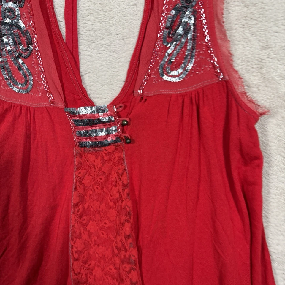 Топ с бретелью через шею женский Free People с блестками кружевной размер L красный богемное фестиваль Y2K - Изображение 4 из 4