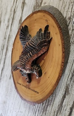 Great Smoky Mountains Eagle Wood Slice Wall Art | Rustic 3D Sculpted Bird Decor