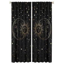 Sun Moon Blackout Windows Curtains, Golden Sun Moon and Stars Black Sky on Bo...