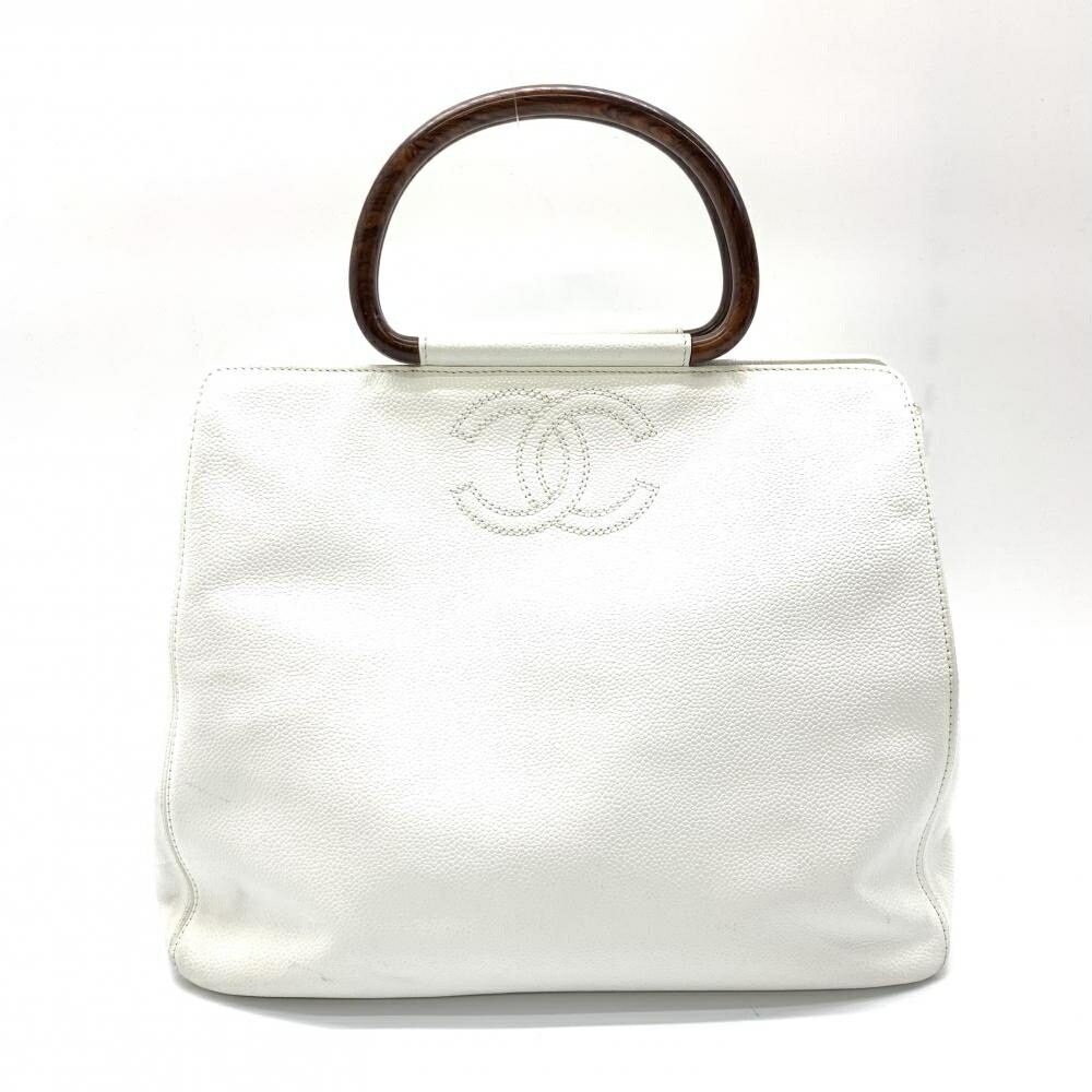 Chanel White Caviar Leather Tote Bag with Wood Handle for Women