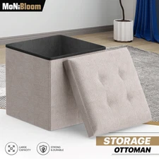 Beige Storage Fabric Ottoman Classic Cube Living Room Home Décor Footrest Stool
