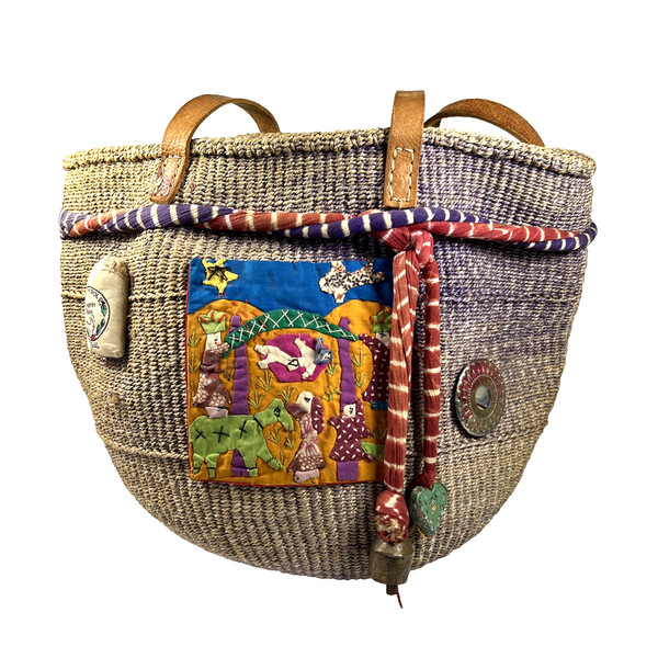 Bolso de Mano Grande Tema Navidad Sisal Cesta Tejido Mercado Asas de Cuero Marrón