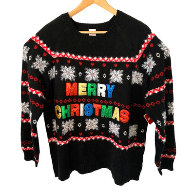 Holiday Time Christmas Sweater Womens Plus 1X (16W-18W) Black Glitter ''Ugly'' NEW