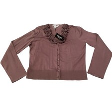 WinterSilks Cardigan Women s Medium Ruffled V-Neck Long Sleeve Mauve Sweater