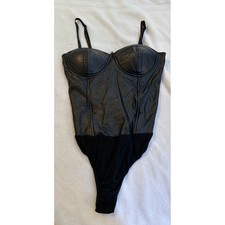 Say What Womens Black Faux Leather Bustier Bodysuit Underwire M