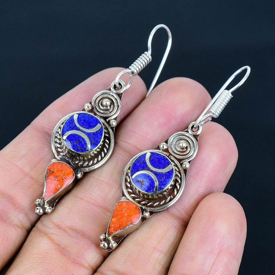 Orecchino nepalese tibetano argento sterling 925 etnico corallo rosso... - Immagine 3 di 4