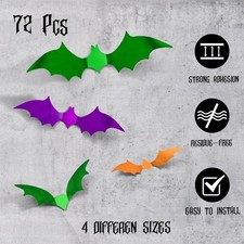 72PCS Halloween Bats Decoration, 4 Sizes PVC Green Orange Purple 3D Stickers