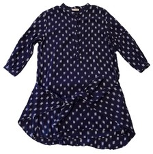Ulla Johnson Tie Front Cotton Dress Tunic Blue Sleeves White Print Sz 8/S-M Navy