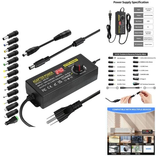 Meiyue Adjustable Power Supply 3V-24V 5A 120W with 14 DC Tips for LED Strip - product listing photo