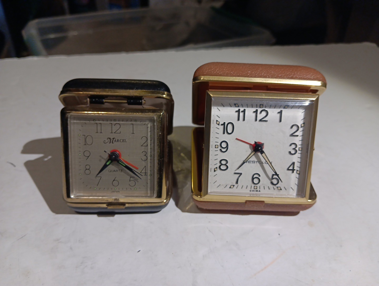 Lot of 2 Folding Travel Alarm Clocks Westclox Wind up & Marcel Quartz Battery featured image