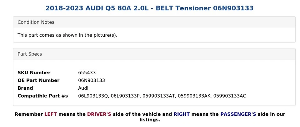 2018-2023 AUDI Q5 80A 2.0L - BELT Tensioner 06N903133 - Image 4 of 4