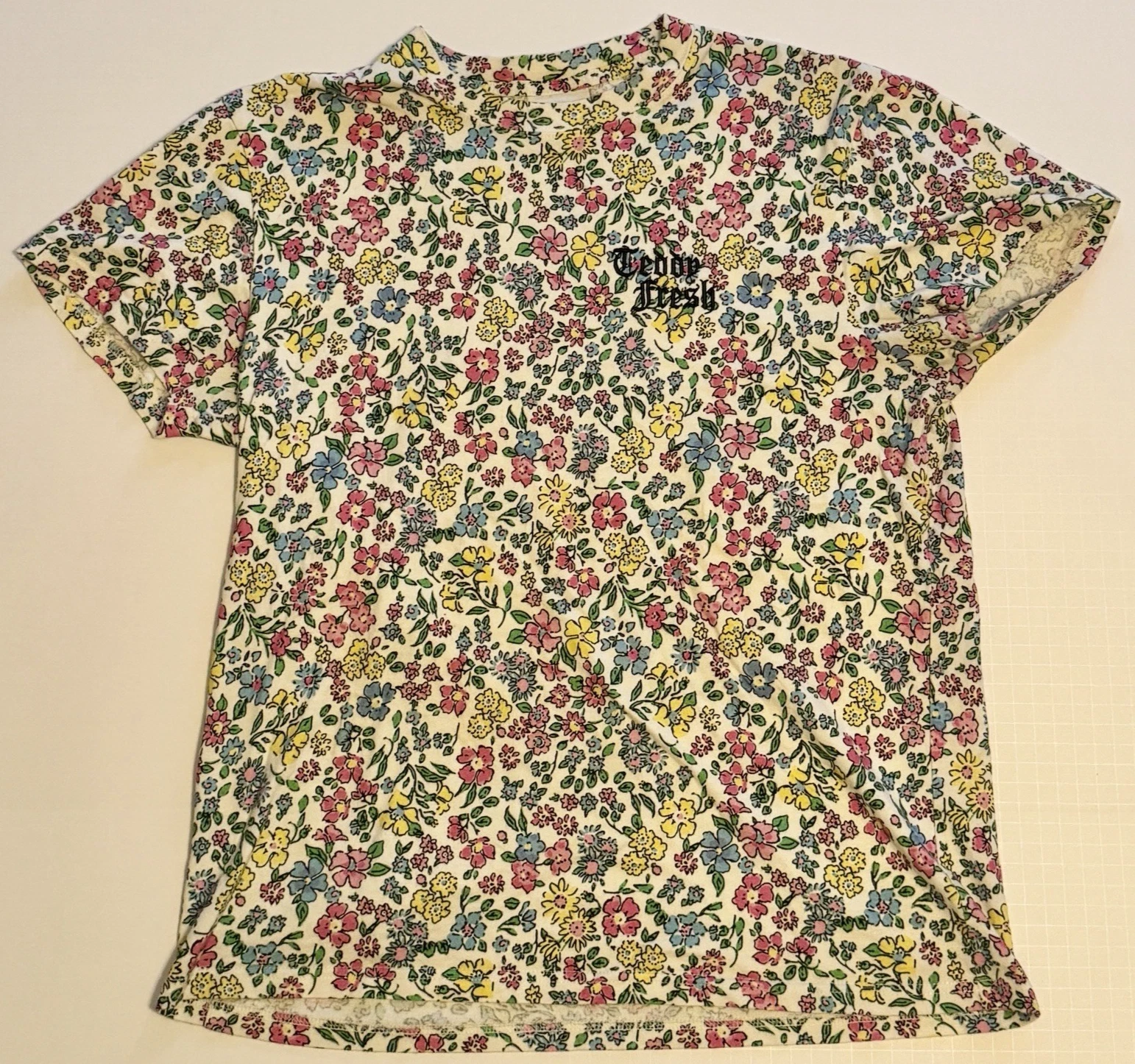Teddy Fresh Floral Allover T Shirt Mens S Embroidered Logo Cream Streetwear