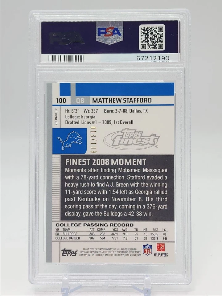 MATTHEW STAFFORD 2009 TOPPS FINEST ROOKIE GREEN REFRACTOR RC /199 PSA 10 Q5937 - Image 2 of 2