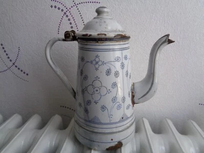 ANCIENNE CAFETIERE EMAILLEE FLERIE BLEU ET BLANC DE MARQUE LPV HAUTEUR 23 CMS - Photo 1/4