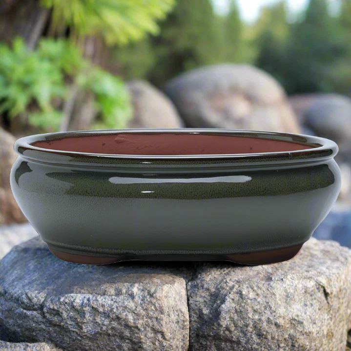 YORKSHIRE BONSAI 26cm Glazed Bonsai Pot | Oval | 26cm x 20cm x 6cm | Green