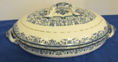 Antique Minton China Moustiers Covered Oval Serving Dish Blue Antique Minton China Moustiers Covered