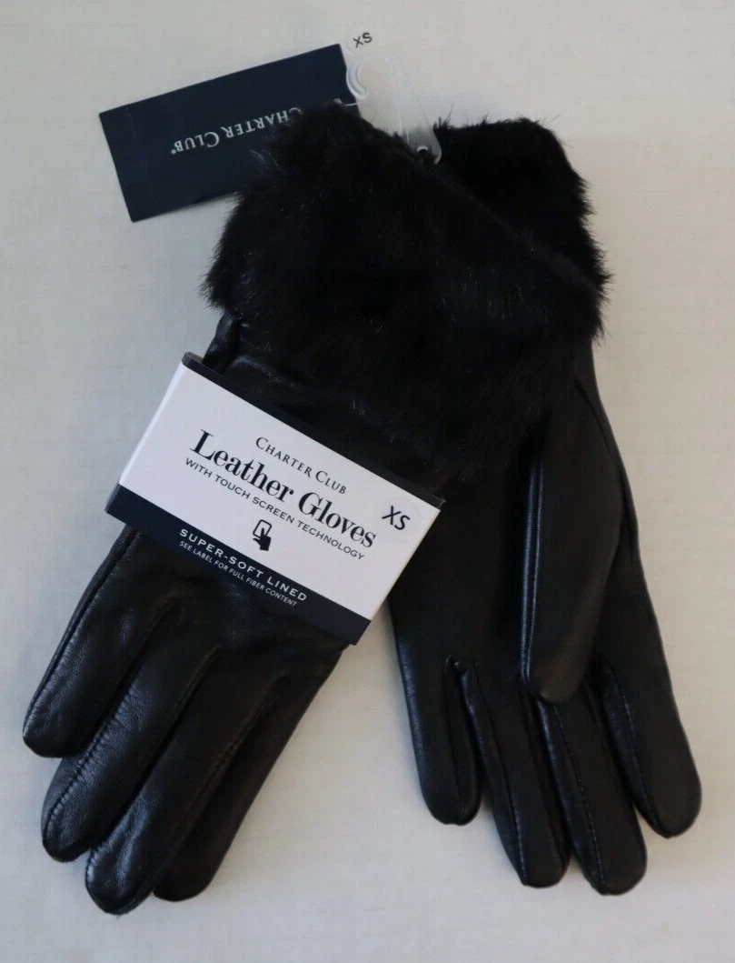 Charter Club 15340 Women's Sz XS Black Faux Fur-Cuff Leather Tech Gloves $95