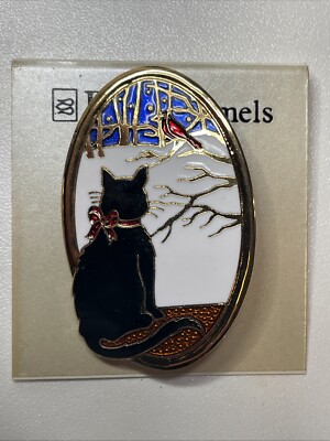 Black Cat Kitty in Window Winter Scene Brooch Pin Cardinal In Snow Fine Enamels