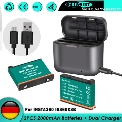2Stück IS360X3B Akku 2000mAh + Dual Ladegerät For Insta360 One X3 Action Kamera
