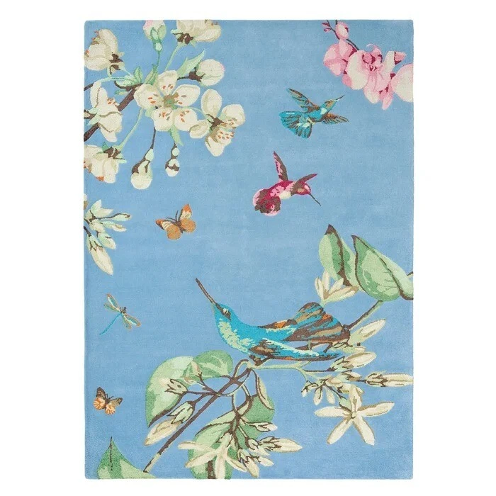 Hand-tufted Hummingbird Blue Silk & Wool Area Rug Modern Design Carpet - Image 2 of 4