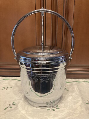 VINTAGE UNITED CHROMIUM ON BRASS HINGED LID GLASS LINER ICE BUCKET