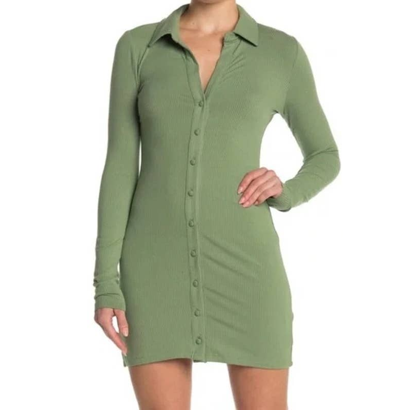 AFRM The Embry Rib Knit Shirt Dress - Sage Green Size: XS | eBay