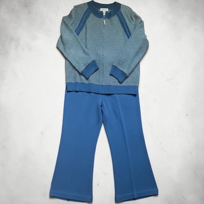 St John Sport Blue Indigo Knit Pant Set Zip Jacket Wool Blend Size L