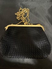 Vintage Black Satin Evening Clutch Gold Tone Chain Rhinestone Kiss Lock Purse