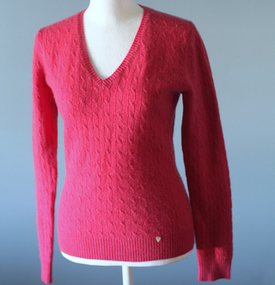 Geneva 2-Ply 100% Cashmere Sweater Size Medium V Neck Pink Pullover Cable Knit