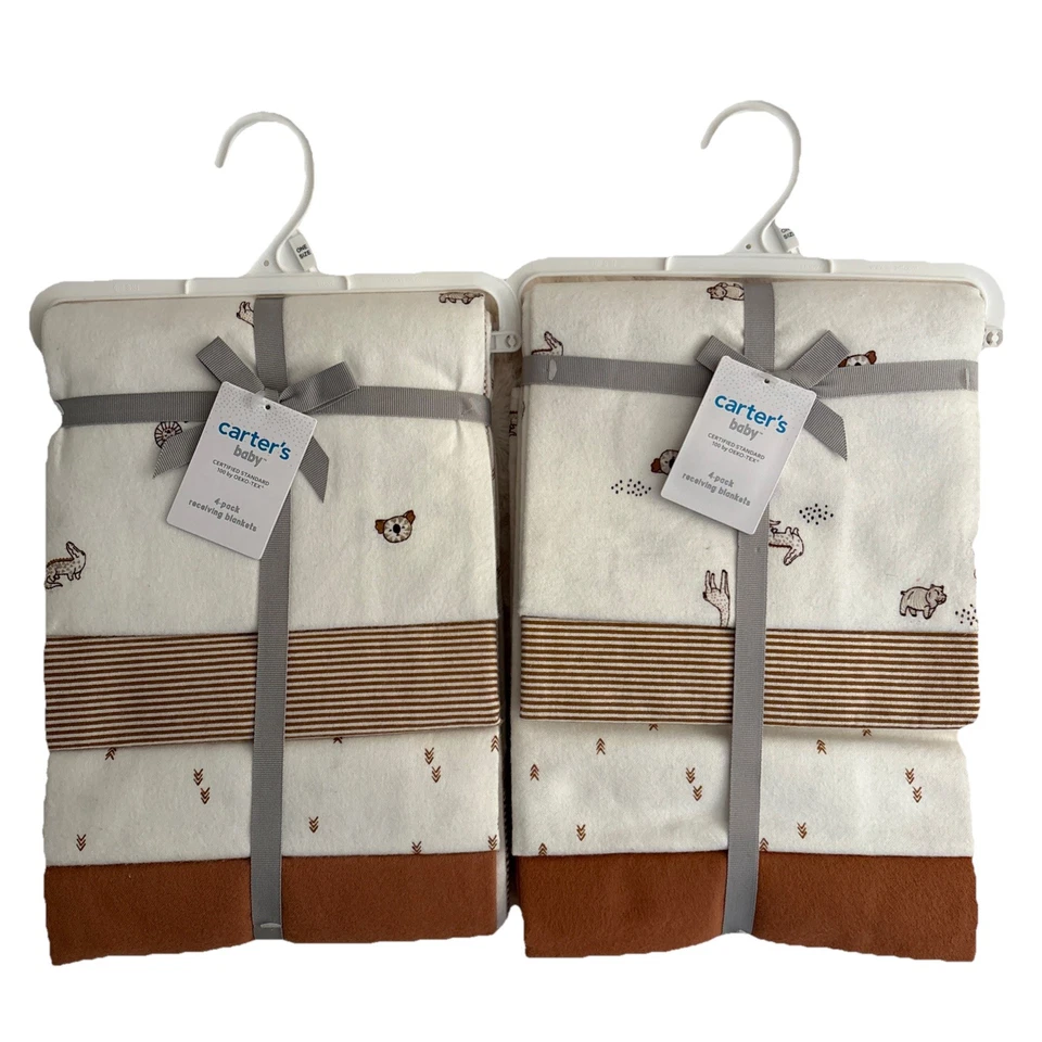 2 sets Carter’s Baby Receiving Blankets 4pk each Cotton brown Safari animals  - Image 3 of 4