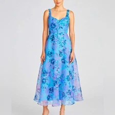 $545 NWOT Blue ML Monique Lhuillier “Elodie” Floral Organza Midi Dress Sz 4
