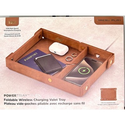 Press Play Foldable Wireless Charging Pad And Valet Tray Brown Vegan Leather