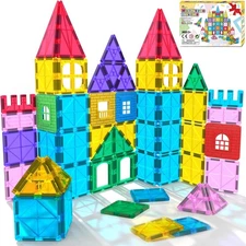 Set 60 Pcs Magna Tiles Clear Colors Magnetic Building Toy Magnet Blocks Kids 3D