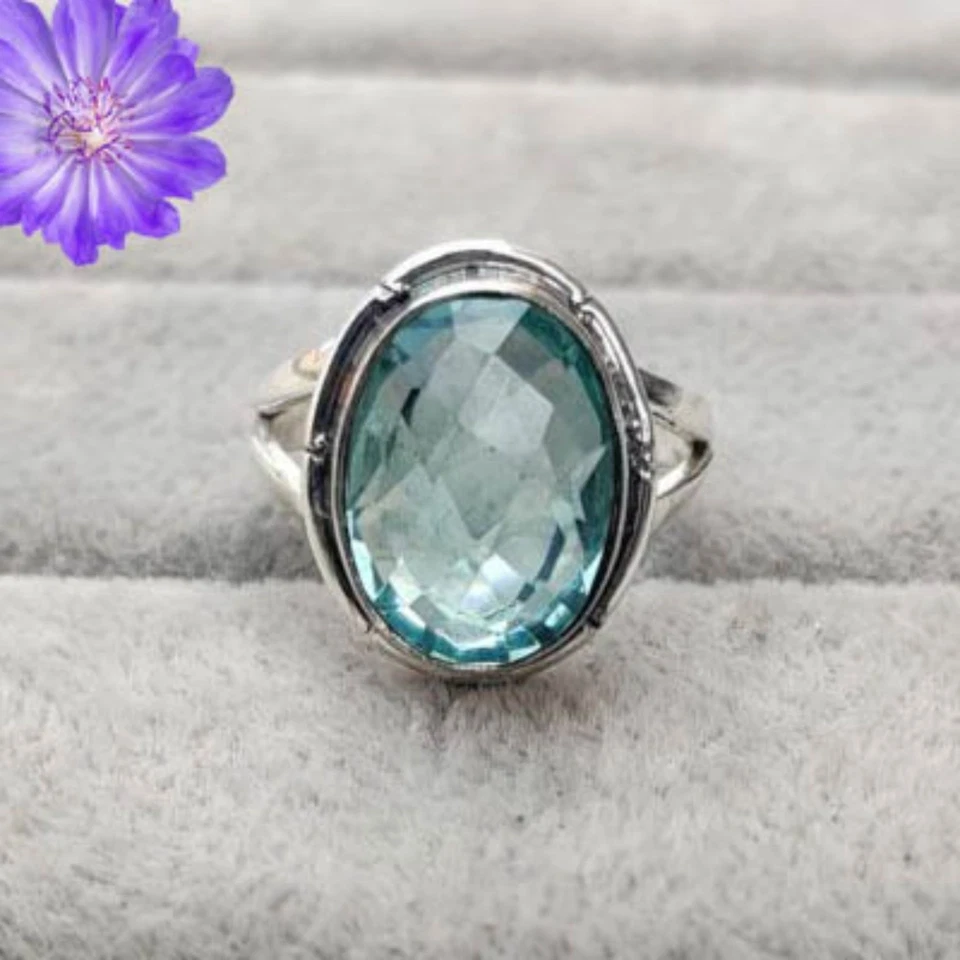 Blautopas Edelstein 925 Sterlingsilber Ethno Handarbeit Schmuck Ring alle Größen - Bild 4 von 4