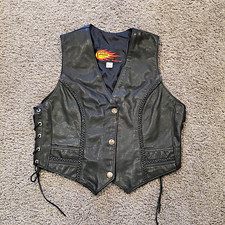 Vintage PNC Leather Black Motorcycle Vest with Braided Trim Women's Size Medium