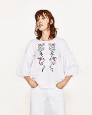 ZARA White Embroidered Floral Blouse Top Size S Small Bell Flute Sleeve Boho