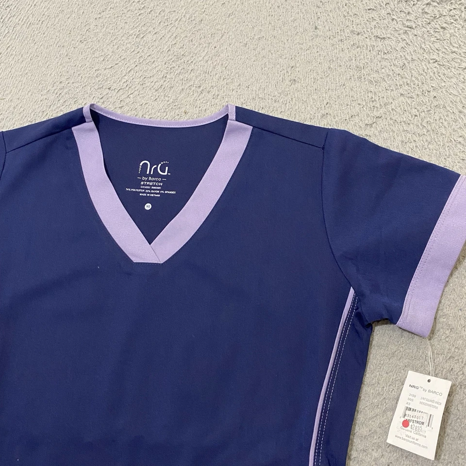 NRG by Barco Scrub Top Womens XS Indigo Wisteria 3 Pocket Squared V Neck NEW - Image 2 of 4