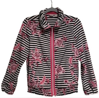 Chicos Zenergy Jacket Pink Black Floral Striped Lightweight Wind Breaker 0 Small