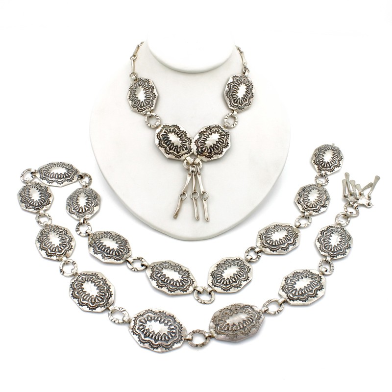 Signed Southwest Sterling Hand Stamped Concho Belt & Necklace Set of 2 #S5206-1