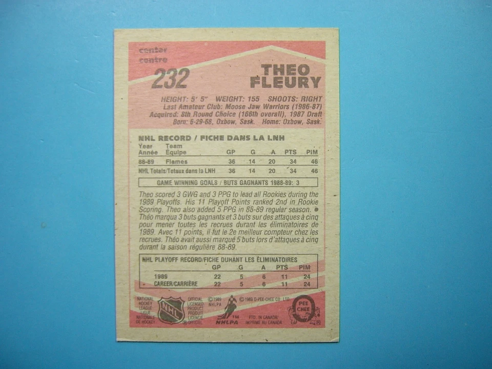 Tarjeta de hockey O-PEE-CHEE NHL 1989/90 #232 THEO FLEURY ROOKIE RC AUTÓGRAFO OPC Foto 2 de 3